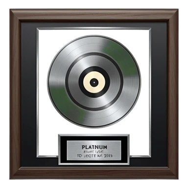 A platinum music award plaque: a square, polished platinum plate with a subtly textured, mirror-like finish, mounted on a simple dark wood base. The center features a relief of a or stylized vinyl record in a slightly darker metallic tone.  sticker
