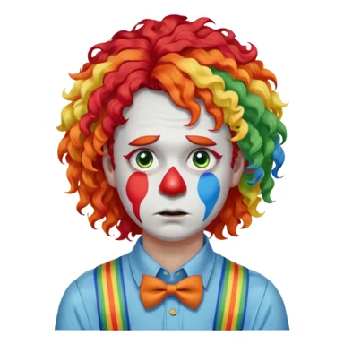 Rainbow-colored curly wig (red, yellow, green, and blue).

White face paint with blue eye makeup and a red nose.

Wearing orange suspenders over a blue shirt.

Sad, frowning expression. sticker