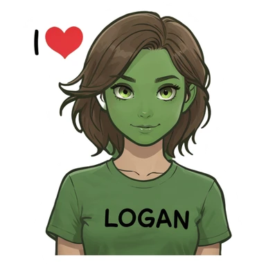 Brown haired girl with green eyes wearing a T shirt that says “I love Logan”  sticker