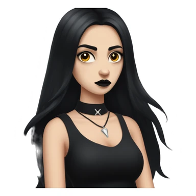 Portrait. Goth, deer girl. Wearing a black sleeveless dress with a choker. She has White antlers and deer ears. Long Black hair. She looks angry sticker