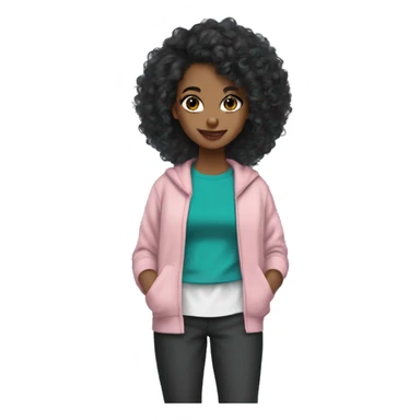 Carmel skin girl teal braces black crop top long black curly hair grey bell bottom sweat pants slit eyebrows and white and pink long cardigan  sticker