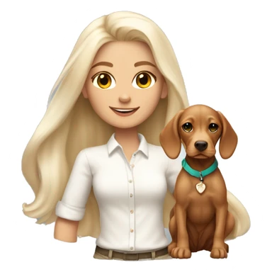 Pretty tan skinned girl with long white blonde hair wearing a preppy outfit with a cute vizsla puppy  sticker