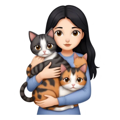 girl with black hair hugging three cats  (tortie cat, gray cat, brown calico cat) sticker