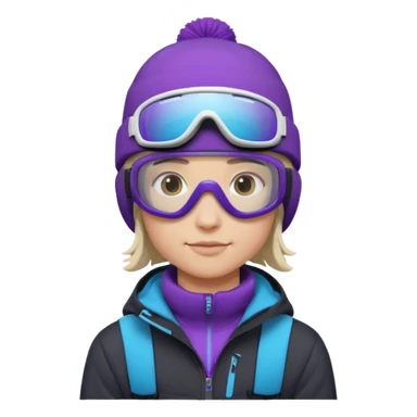 Pro Snowboarder with white and grey beanie, purple and blue frameless goggles on and a black jacket sticker