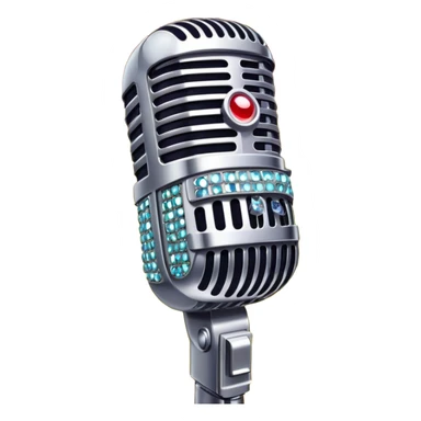 Create a glamorous and vibrant emoji representing stage vocal performance. The design should feature a humanless collage of classic vintage microphone, stage costume covered in rhinestones, sparkling brightly. The costume should be stylized, with glittering elements like sequins and sparkles, and reflect the glitzy, extravagant nature of show business. The microphone should have a sleek, retro look with chrome or metallic accents. Use rich, dazzling colors like gold, silver, deep purple, and bright red to evoke the glamorous, larger-than-life feel of a stage performance. The background should be transparent. sticker