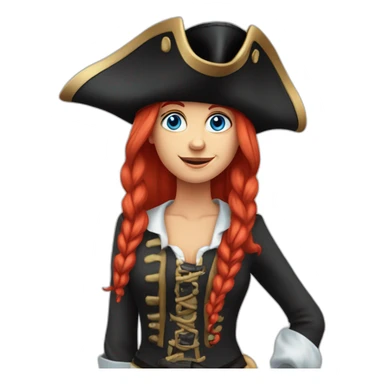 Woman long red platted hair, hair to one side. pirate hat. One side of head has no hair. Blue eyes. skull and crossbones t shirt sticker
