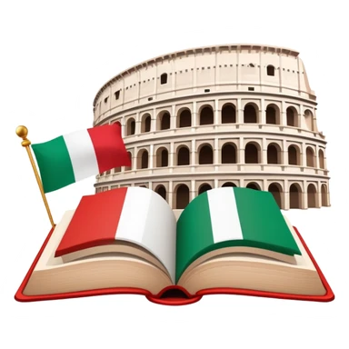 An icon featuring the Colosseum and the flag of Italy, symbolizing the Italian language. The design includes an open book with Italian phrases and a gondola, representing language learning and cultural exploration. Transparent background sticker