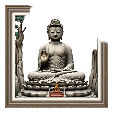 Cinematic Realistic image of the Big Buddha Monument of Sinheungsa Temple, portrayed as a towering, serene Buddha statue carved from weathered stone with intricate details and a gentle meditative expression, set within an ancient temple landscape enveloped in soft, ethereal lighting that underscores its spiritual majesty. sticker