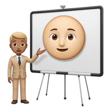 A clean emoji-style illustration of a person giving a presentation, standing next to a large presentation board on a stand, board empty and white, no podium, no desk, no table, friendly proportions, soft 3D emoji style sticker