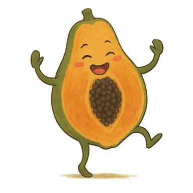 dancing papaya fruit character, ghibli style, lively and cute sticker