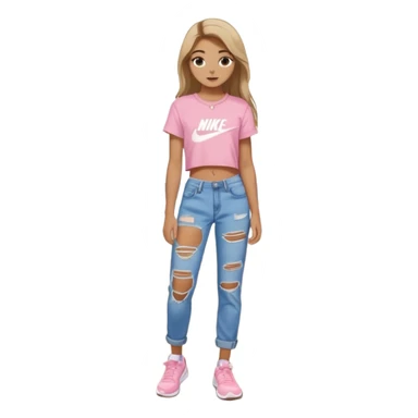 preppy teenage girl, tan, less blonde highlights, brown long hair, long eyelashes, beach aesthetic, wearing cute clothes, wearing ripped blue long baggy jeans with a light pink sexy crop top, wearing Nike shoes, very sexy, very long eyelashes, very pretty sticker