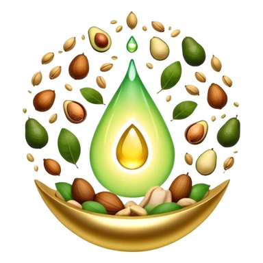 Floating aura in the shape of a golden and jade green drop, with bright icons of avocado, nuts, olive oil and ethereal fish spinning in a circle, surrounding a warm heart and illuminated brain, wrapped in a soft glow of protection and stable energy sticker