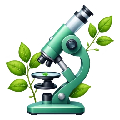 An icon featuring a DNA strand, a microscope with visible cells, and a green leaf, symbolizing biology. The design includes animal cells, plant structures, representing the study of living organisms and ecosystems. Transparent background highlights life sciences and biological research. sticker