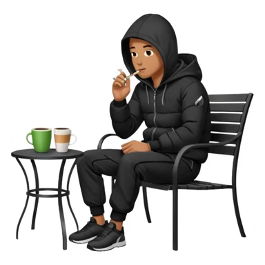 A man sitting on a chair, wearing a black puffed coat with hood and jogging pants, he is smoking a cigaret and drinks a coffee, he is freezing outsider, he is on a chair, the chair is an outside coffe terrasse black metal chair sticker