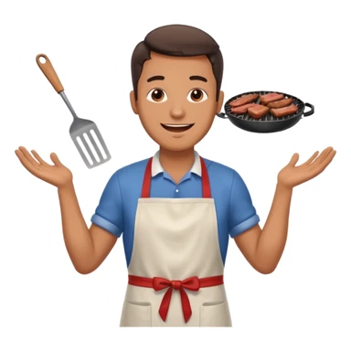 A cheerful man in an apron flipping meat on a sizzling grill with smoke puffing upward. sticker