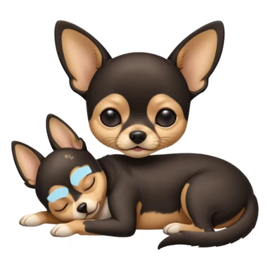 A high-resolution photo-realistic digital illustration of a cute  black with a bit of tan chihuahua with eyes closed shut sleeping lazily on the ground sticker
