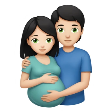 Make a couple hugging the girl is white with long black hair with blue eyes. The girl is hugging a boy with light brown short hair with green eyes. The boz is pregnant  sticker