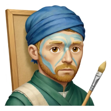 an gogh paints on a canvas. On his right ear he has a bandage sticker