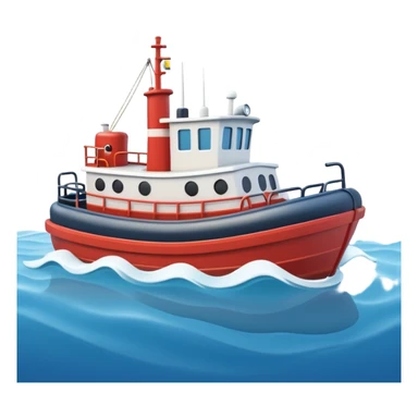 A 3D cartoon tugboat towing another boat on calm blue water, soft waves, clear sky, Memoji-style. sticker