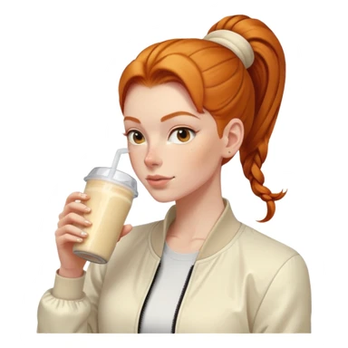 Ginger girl with cream jacket drinking pre workout shake middle part slick back bun sticker