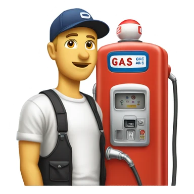 White man with ballcap standing next to vintage gas pump sticker
