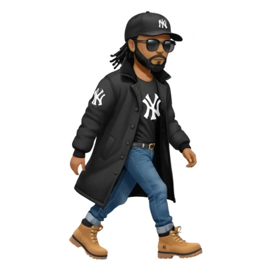 African American man with shoulder length black dreadlocks with black beard wearing black sunglasses wearing a black New York Yankees logo baseball cap wearing a black bubble winter coat with denim skinny jeans and timberland boots walking with hand out sticker