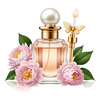 A delicate glass perfume bottle with a golden atomizer, surrounded by soft pink roses, white peonies, and dahlias, as pearl butterflies reflect beautifully in the crystal surface.
 sticker