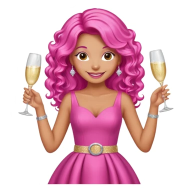 One lady with long hot pink curled hair and tan skin wearing a pink dress with sparkly belt holding a glass of pink champagne in each hand smiling cheerfully  sticker