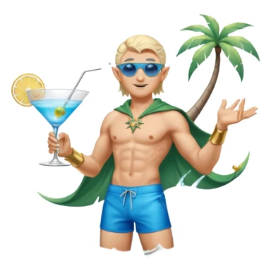 elf male legolas in stylish blue swim trunks, palm extended over cocktail glass, conjuring swirling frost and mist to chill it, silver aviator sunglasses, pointy ears, confident smirk, minimalist beach bar backdrop, centered emoji, summer magic sticker