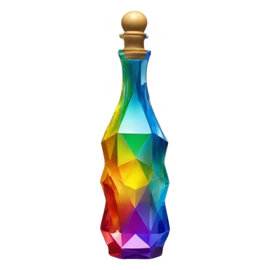 symbolic all-energies in a bottle sculpture symbolizing chromatic light with a geometric, faceted design. The bottle is standing upright with angular and baroque features. The vibrant rainbow of colors highlights the sharp edges and planes.  sticker