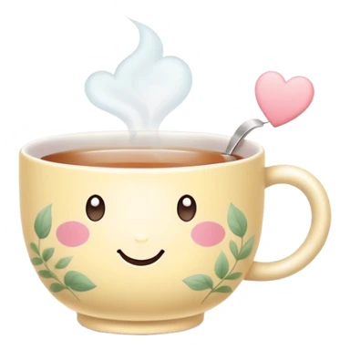 Cute Kawaii Tea Cup, steaming with warmth, a charming smiling face, soft pastel tones, delicate floral patterns, a tiny heart-shaped tea bag tag, cozy and inviting! sticker