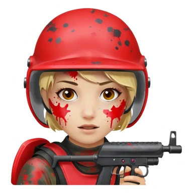 blond girl playing paintball with red paintball helmet, only face sticker