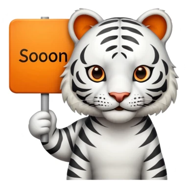 White Tiger. He is holding a sign with SOON - written on it. Let him have 4 paws, not more. sticker