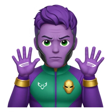 Choi Seung-hyun T.O.P as Thanos emoji style, purple skin, strong jawline, confident mischievous expression, wearing Squid Game Player 230 green tracksuit with visible number, simplified Infinity Gauntlet on one hand, minimalistic, bold lines, bright clean colors, cute small emoji icon sticker