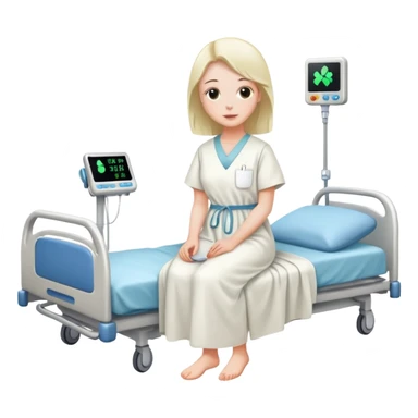patient in a hospital gown sitting on a bed sticker