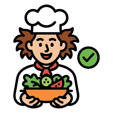 a wild-haired brown-haired man in a chef's hat, presenting a salad, with a green checkmark next to him, flat color icon style sticker