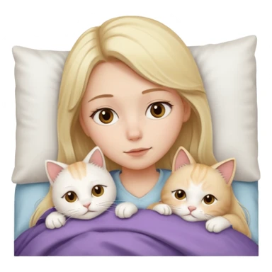They recreate a photo of a blonde girl with light brown eyes, lying in bed sick with the flu, with her cat white nearby. sticker