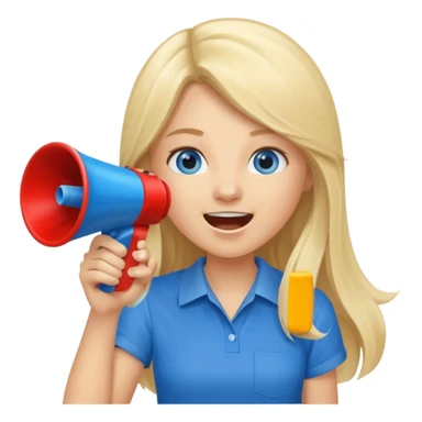 blue eyes blonde girl yelling into megaphone saying timeout long hair smiling sticker