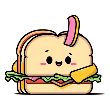cartoon style messy sandwich with a bite taken out, hand with pink fingernails holding it sticker