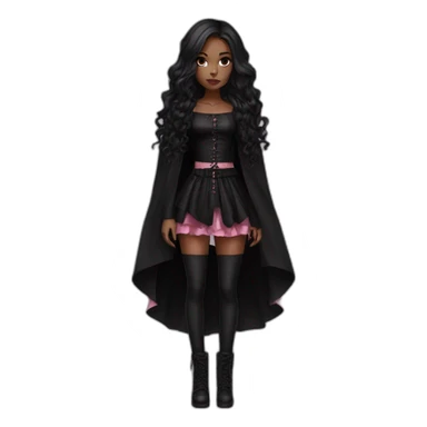 Pink and black gothic clothes, Brown skin girl, full body, long hair, red and black hair sticker