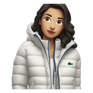 brunette latina woman using Lacoste puffer jacket sticker