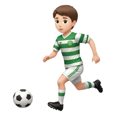 Celtic footballer jersey logo  6 years old brown hair white boy , brown eyes , stripes uniform , RUNNING  with soccer ball # 17 celtic football logo  ONE CELTIC LOGO ONLY white shorts sticker