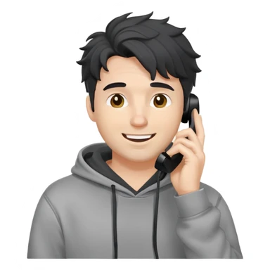 a white man with black messy, grey hoodie taking a call, happy sticker