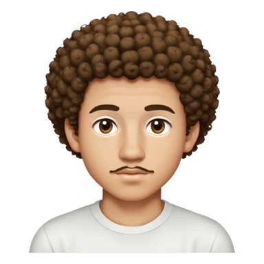 17 year old light-skinned boy with slightly brown smaller eyes, small mustache above lip, very curly hair like a small afro with cut sides, one single curl like an antenna falling on forehead, wearing a tight white shirt sticker