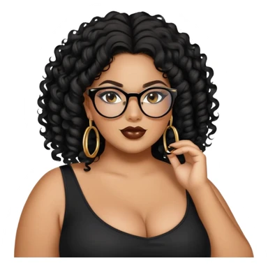 big plus size, latina, darker tan skin, gold hoops, long black curly hair, baddie,pretty, makeup, lipgloss, black eyeliner, long hair, black top, black glasses sticker