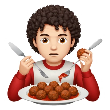 Ragazzo di 20 anni con capelli ricci scuri, leggermente arrabbiato che mangia 2 polpette  sticker