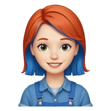 redheaded girl with blue hair, 1960s hairstyle, blue overalls, no text, smiling sticker