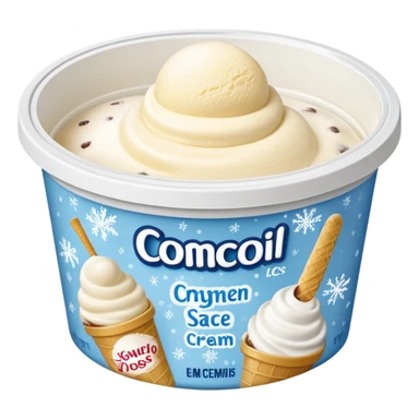 A creamy ice cream tub with a minimalist printed label showing flavor name and brand logo, sitting inside a store freezer. The lid and sides of the container have small frost crystals and condensation. Realistic photography style with soft lighting and a cool-toned background. sticker