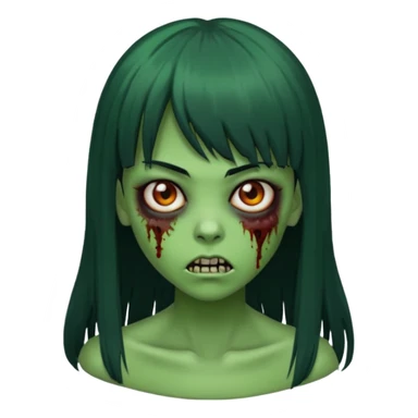 Faça uma menina de cabelo liso preto com franja zumbi cabelo longo 🧟‍♀️ faça ela assim faça ela verde com cara mais assustadora sticker