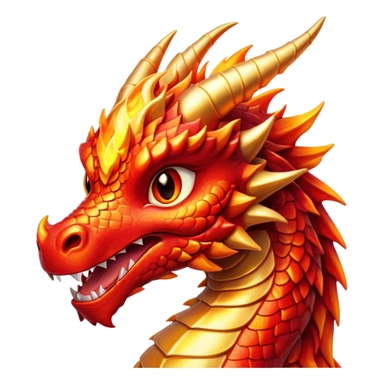Cinematic Cute Fierce Fire Dragon Portrait Emoji, Head tilted playfully and inquisitively, showcasing a robust, flame-embellished form with intricately detailed scales in vibrant reds and glistening golds, accented by flickering ember highlights and a warm, inviting glow; rendered with lifelike detail and radiant natural light, high shine, spirited yet endearing, styled with a touch of blazing whimsy, soft glowing outline, capturing the essence of a mischievous yet charming inferno that seems ready to dance with playful fire! sticker